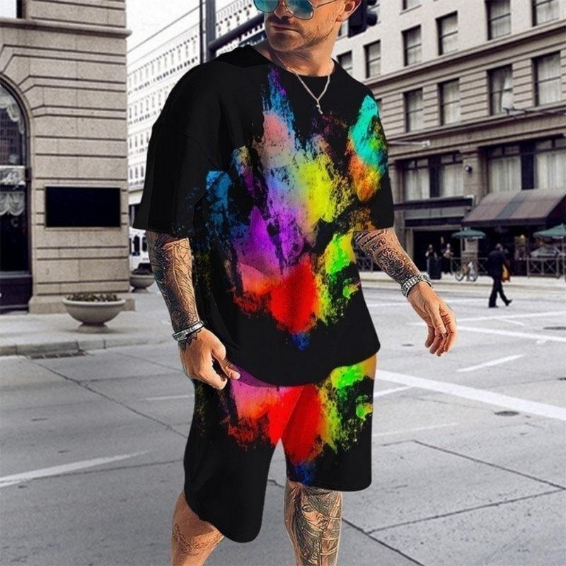 Men's Fashion Geometric Pattern Short-sleeve and Shorts Set Casual Loose Two-piece Outfit