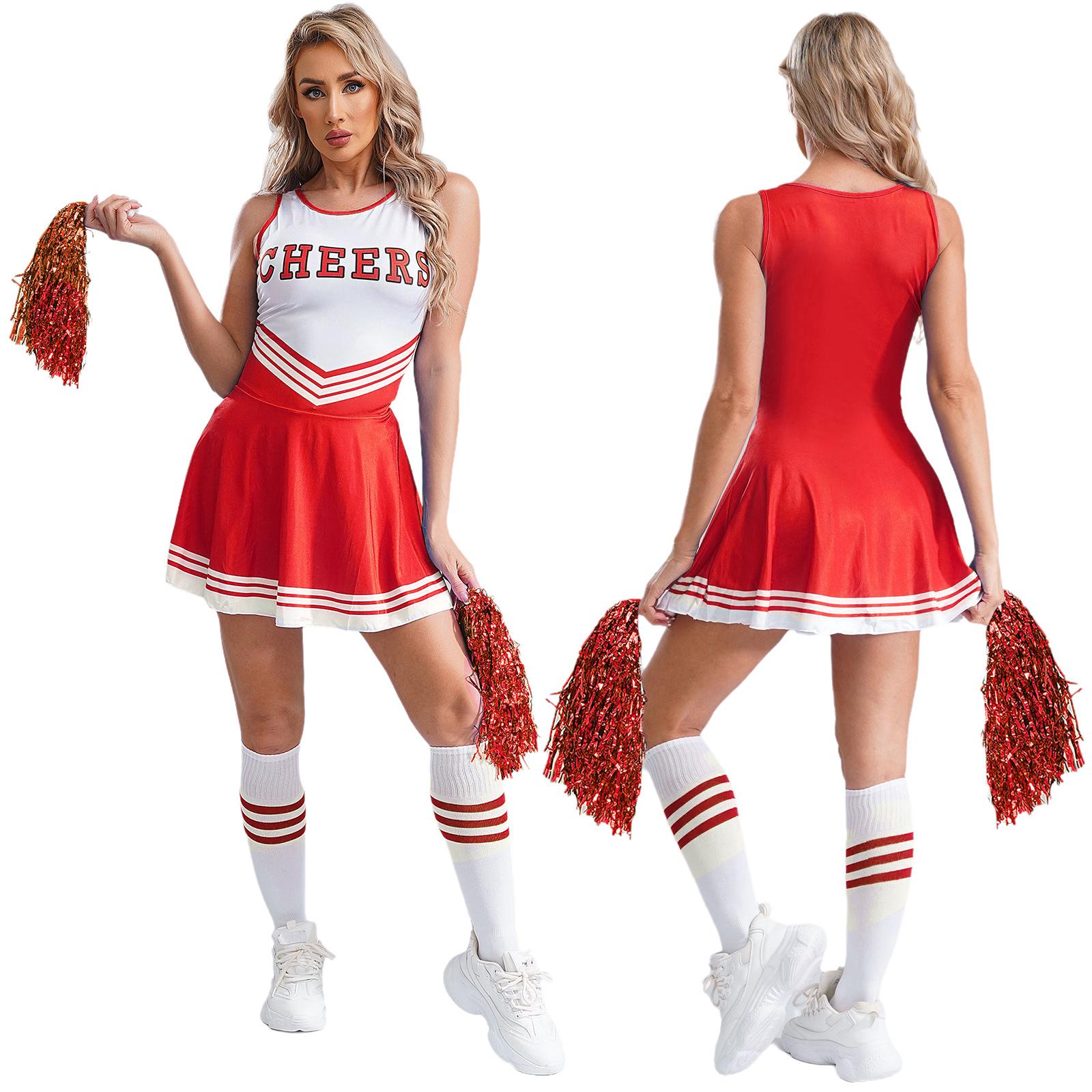 

Женский костюм для черлидинга, школьная форма для девочек, танцевальные наряды для Хэллоуина, платье для косплея с носками и цветком для черлидинга M красный