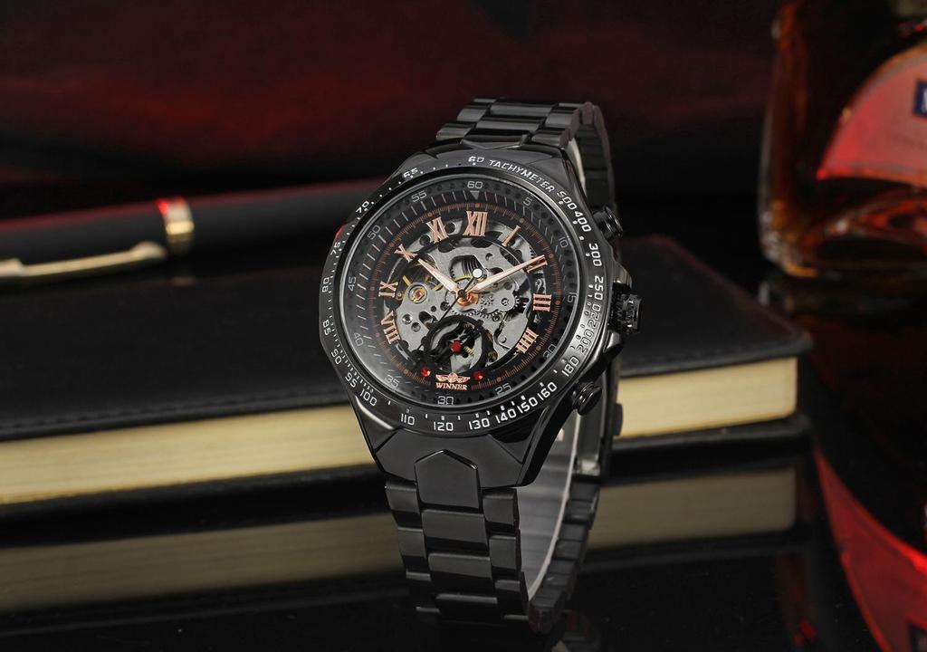 T-WINNER 8067 Men's Skeleton Automatic Mechanical Watch with Transparent Back – Business Style
