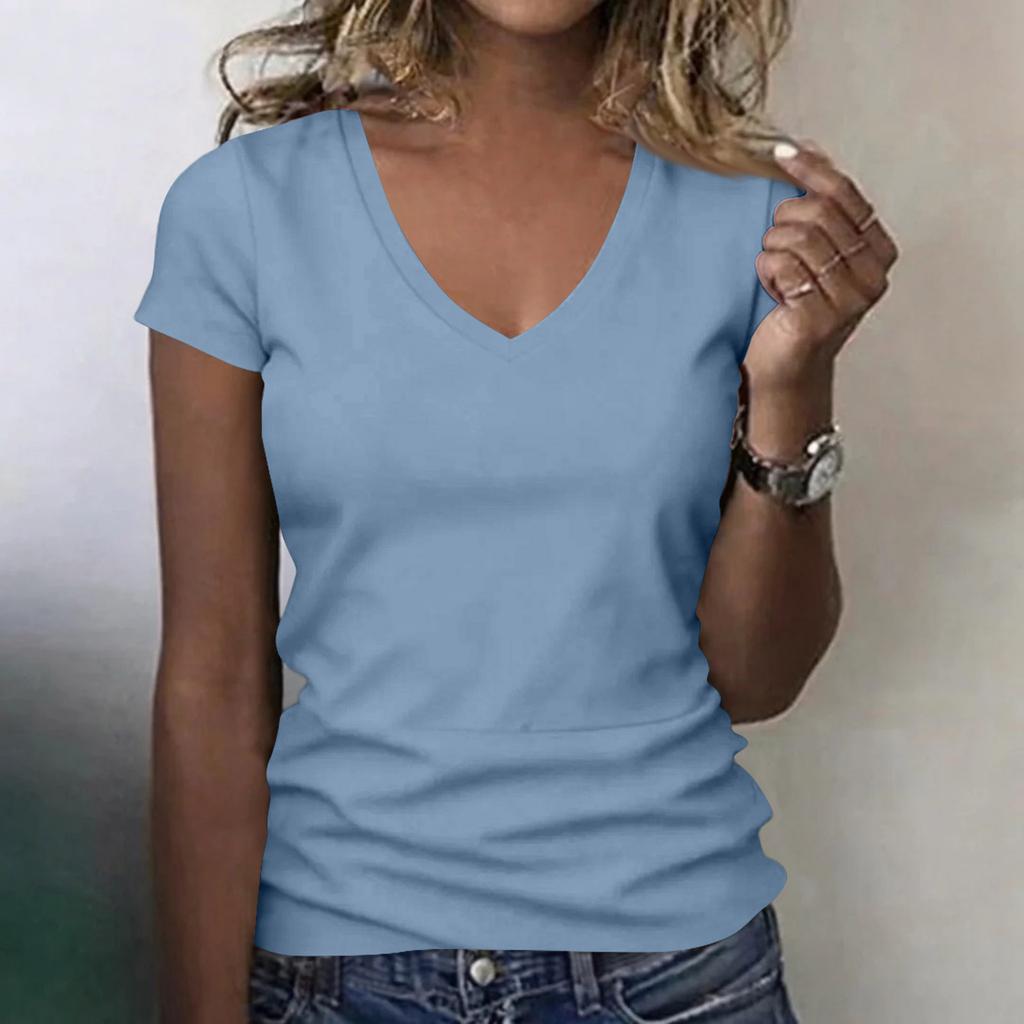 Women's V-neck Pleated Loose Ruffle Short-Sleeved Lightweight  Casual Work Tops Women