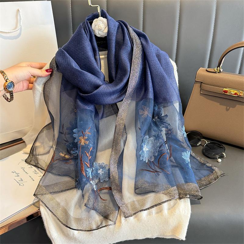 Luxury Silk Shawl Scarf For Women Design Embroidery Flowers Hijab Wraps Bufandas Female Headkerchief Fouloud Echarpe