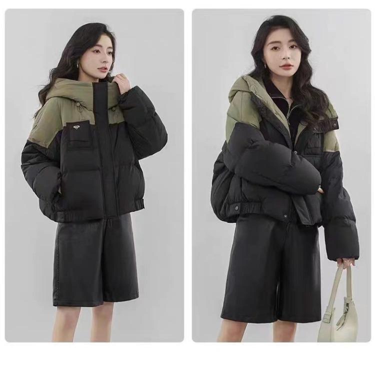 Women's Winter Hooded Short Coat with Down Cotton Patchwork Loose Jacket
