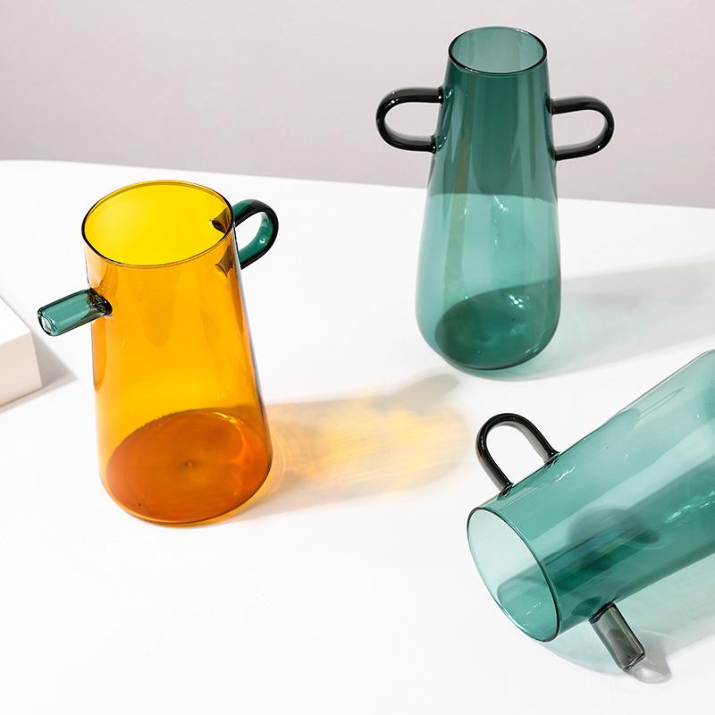 Glass Flower Vase Handle Pitcher Colored Transparent Flower Pot Flower Arrangement Hydroponics Terrarium Vases Pots Flowerpot