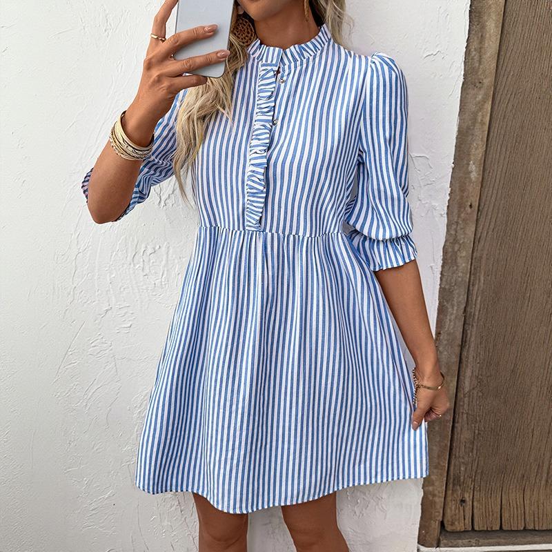 Women's Fashion Summer Spring Stripe Print 1/2 Sleeves O-Neck High Waist Casual Dresses