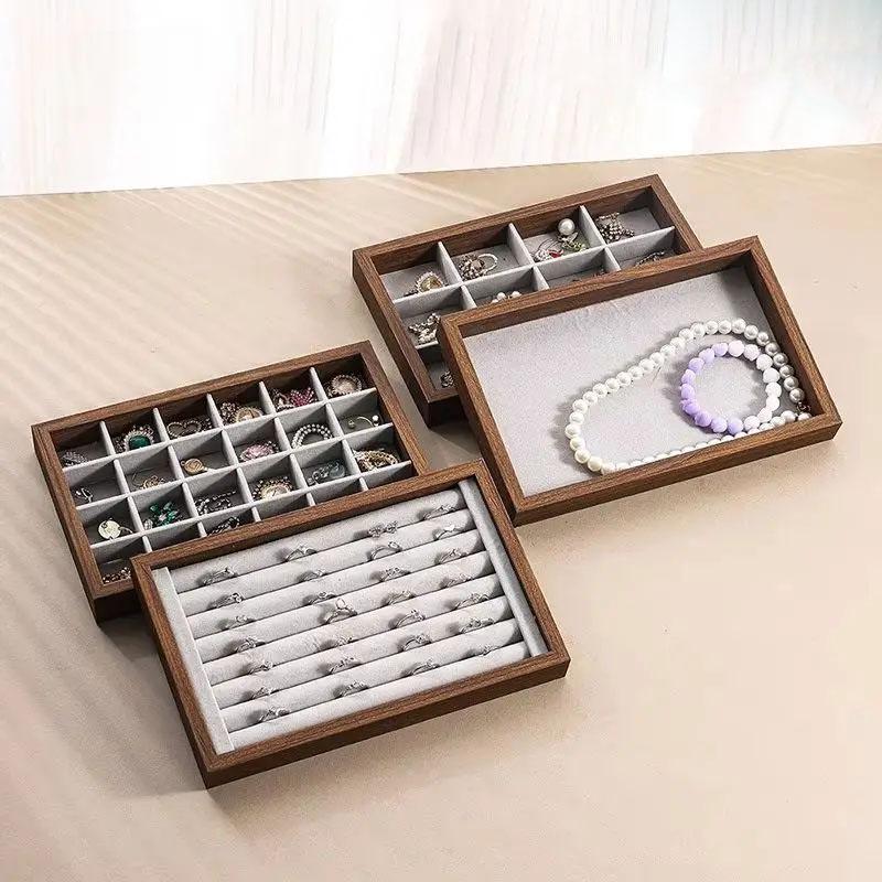 Shopping Mall Counter Jewelry Tray Display Walnut Box Flannel Jewelry Storage Large Capacity Ring Necklace Display Tray
