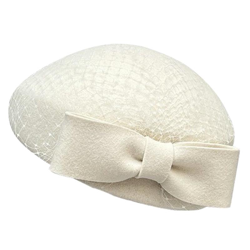 Fashion Design Mesh Bow Beret Hepburn Style British Ladies Celebrity Banquet Autumn And Winter Wool Top Hat