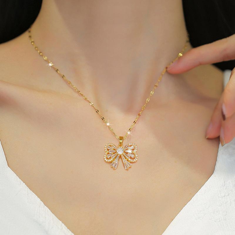 Titanium Steel Full Zirconium Butterfly Light Luxury Banquet Wedding Necklace Women'S Versatile Collarbone Chain Titanium Steel Chain