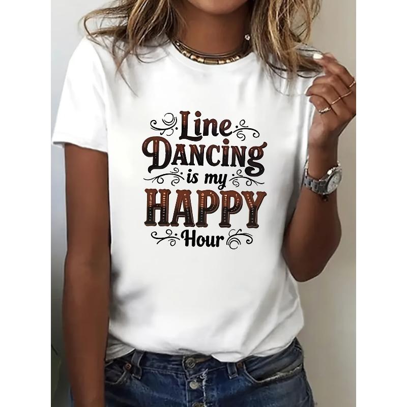 

European Size Women s Line Dancing is My Happy Hour Graphic T-Shirt - Vibrant Green Short Sleeve Round Neck S белый