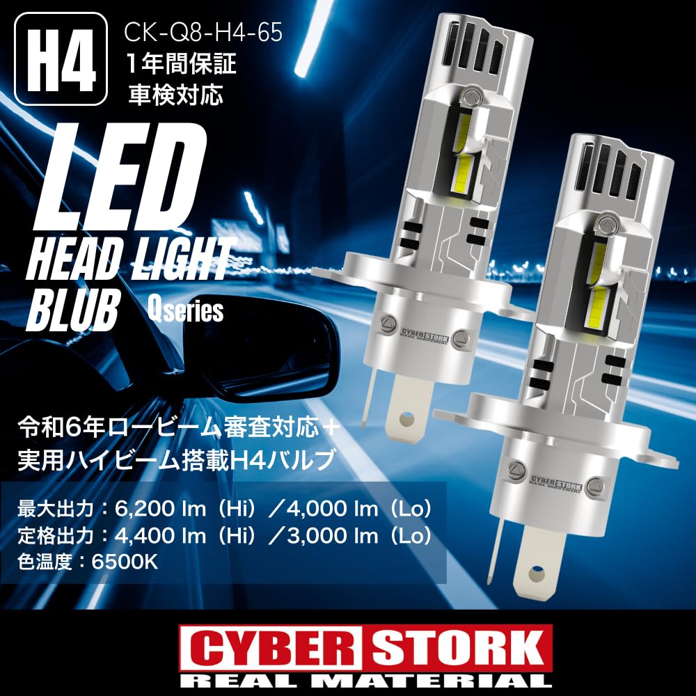 Cyberstalk CK-Q8-H4-65 H4 LED Headlight, 6,500 K, White, 6,000 Lumens, Compatible with Car Inspection,