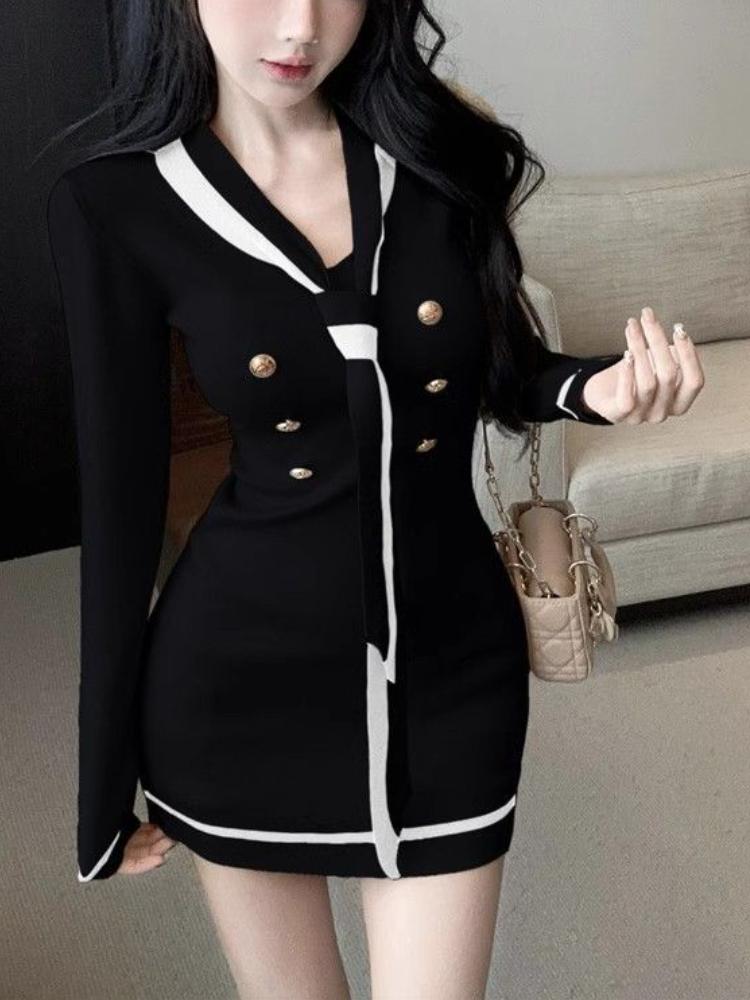 France Autumn Sexy Knit One Piece Dress Women V-neck Elegant Y2k Slim Dresses Female Korean Fashion Party Sweater Dress Winter
