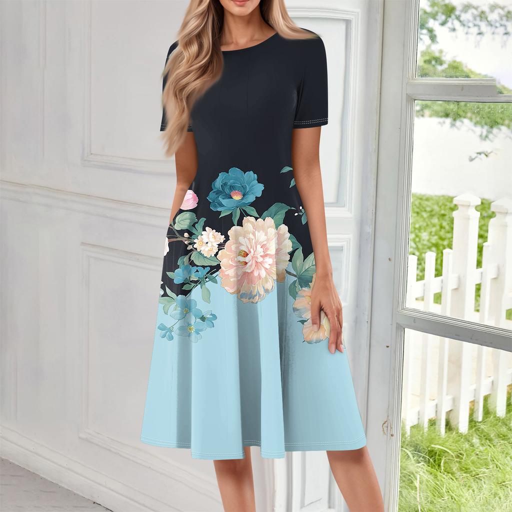 Women Casual Printed Round Neck Long Dress