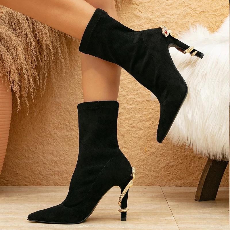 Fashion Eilyken Crystal Rhinestone Black Thin Heels Shoes Ankle Boots Women Pointed Toe Strap Zapatos De Mujer