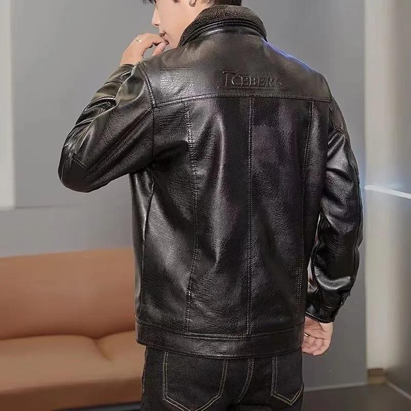 New autumn and winter lapel neck soft leather fleece thickened leather jacket casual men's double neck leather jacket lamb fleece jacket men's