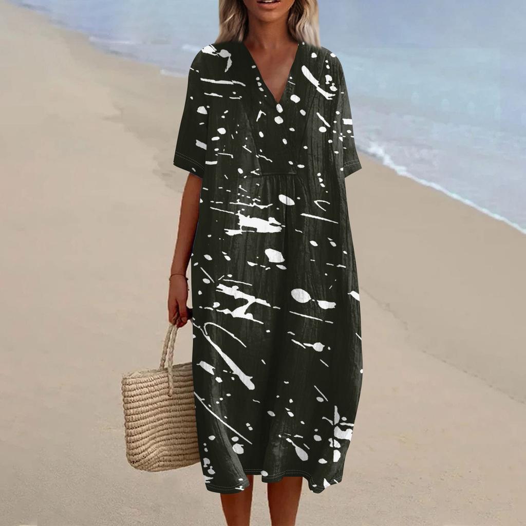 Damska luźna codzienna sukienka modowa z nadrukiem z dekoltem w serek spódnica plażowa
