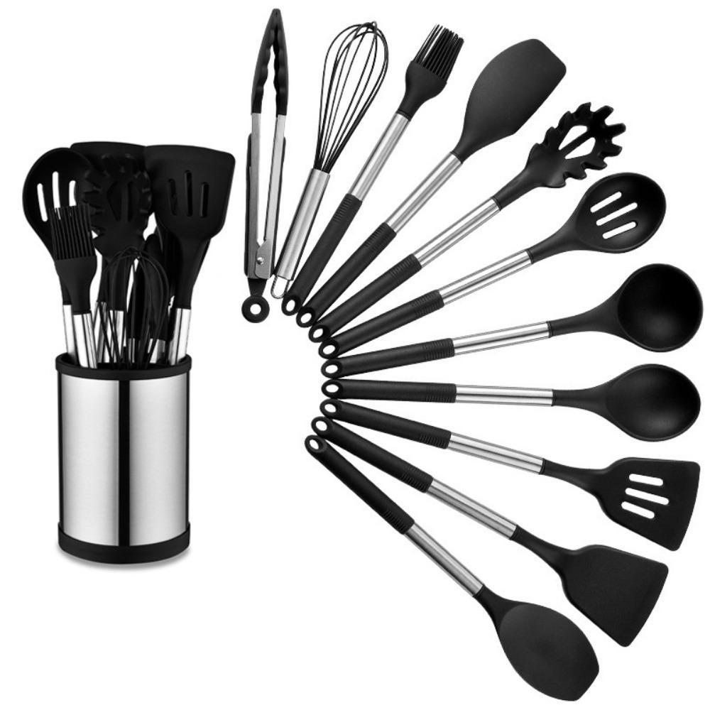12PCS 360° Rotating Bucket Silicone Kitchen Utensils Set Kitchen Cooking Tools Nonstick Pan