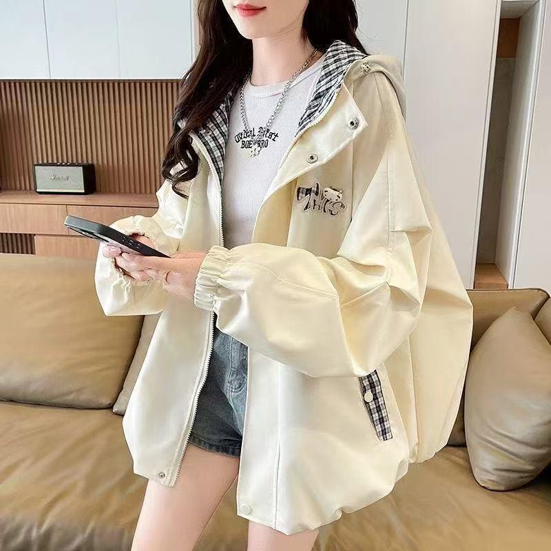 Sweet Cool Hooded Blooming Jacket Teen Girls Loose Fit Plaid Patchwork College Style