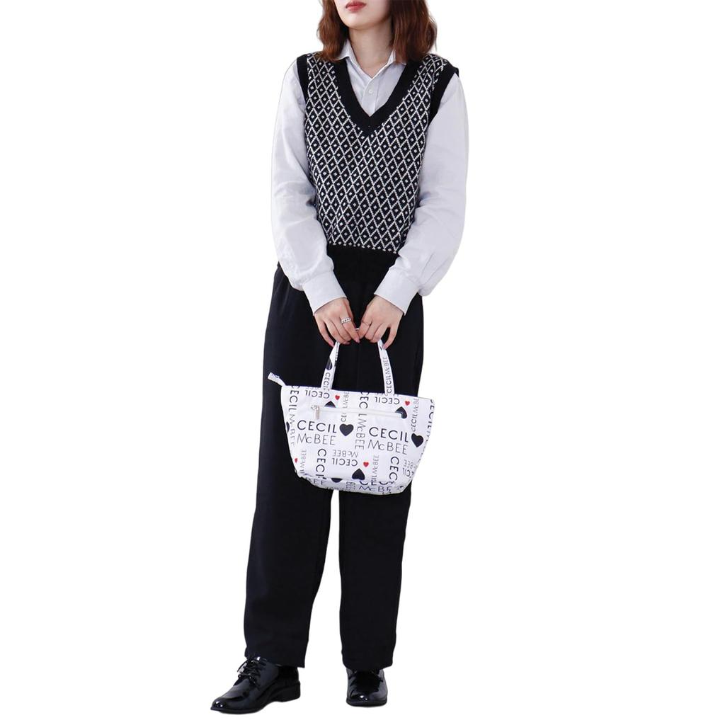 Cecil McBee Green Tote Bag, Women's Logo Pattern Mini Tote, CM121139, White
