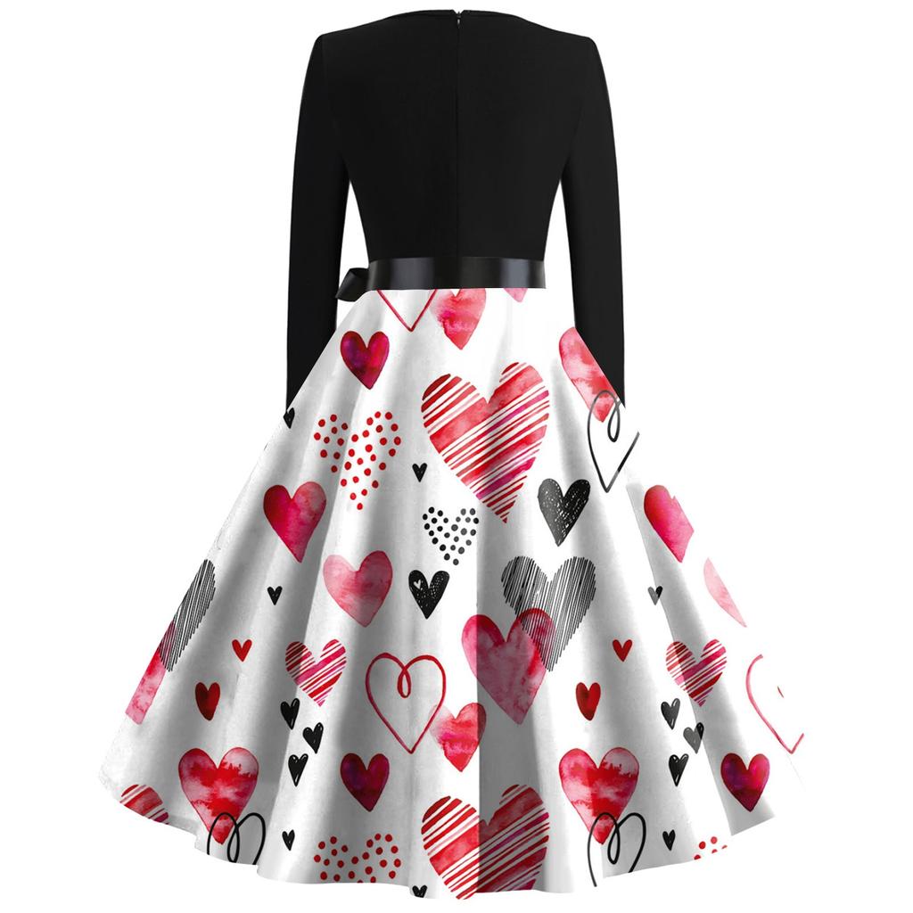 Love Print Flared Dress Women's Long Sleeve Dress Party Casual Dress Valentine's Day