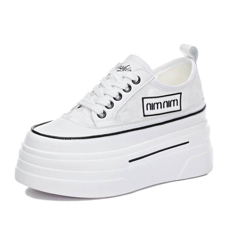 Mode 8CM Platå Kil Sneakers Höjdökande Skor Äkta Läder för Kvinnor Vår Höst Luftnät Sommarskor Vita