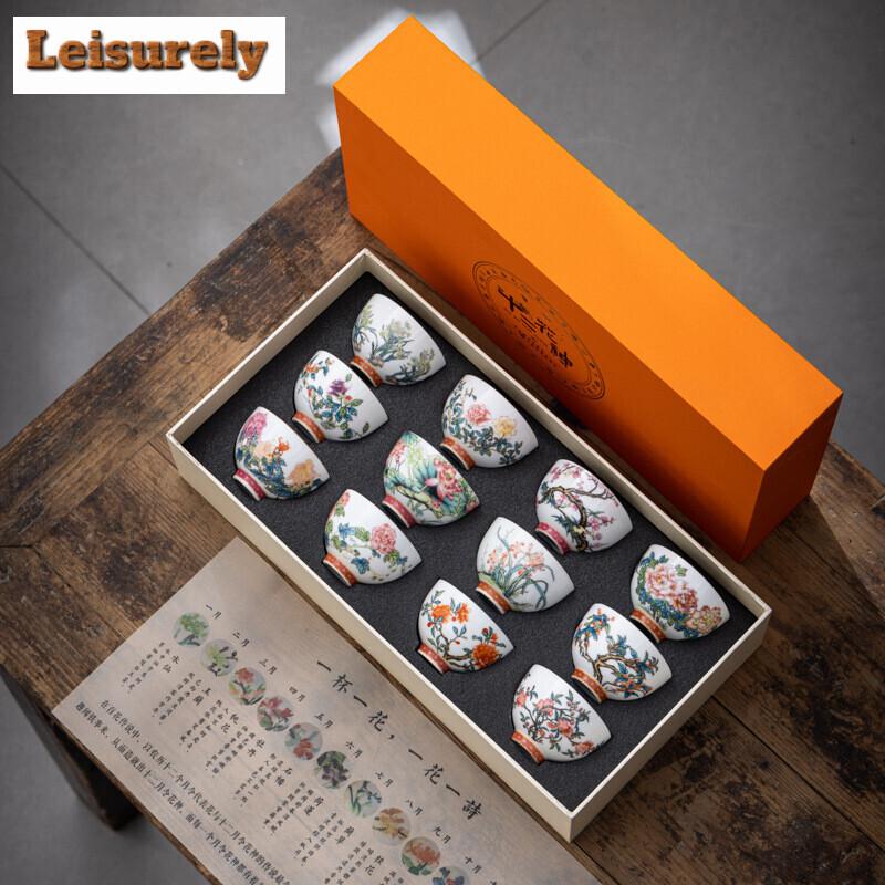 Kung Fu Tea Cup Twelve Flower Gods Set Enamel Pastel Ceramics 12 Pieces Gift Box Host’s Ceramics & Pottery Chinese Teaware Bar