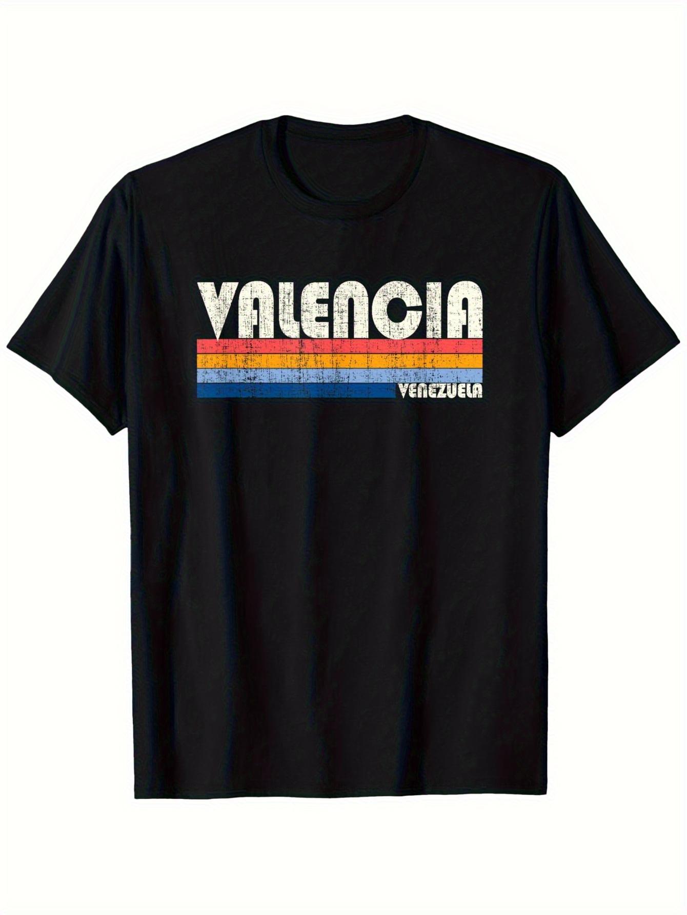 

Valencia Venezuela Retro 70s 80s Vintage Graphic T-shirt - 100% Cotton Crew Neck Short Sleeve Tee with Bold Print & Colorful Stripes XXL