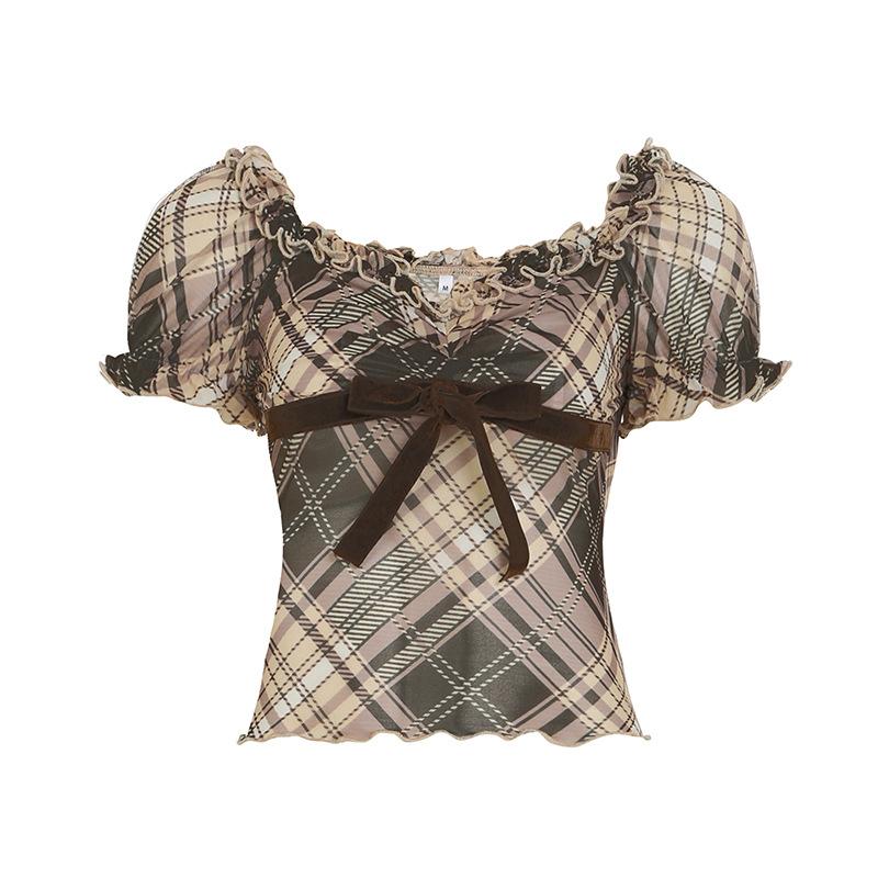 

Клетчатая футболка с рукавами-пузырями и короткими рукавами, талия, низ, рубашка, топ M коричневый