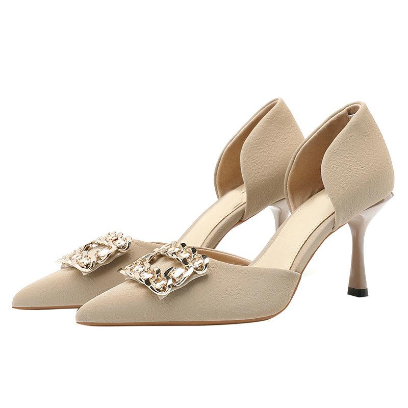 2025 New Leisure Rhinestone Square Buckle Baotou Extra Wide Hollow Sandals Pointed Head High Heel Single Shoes Women