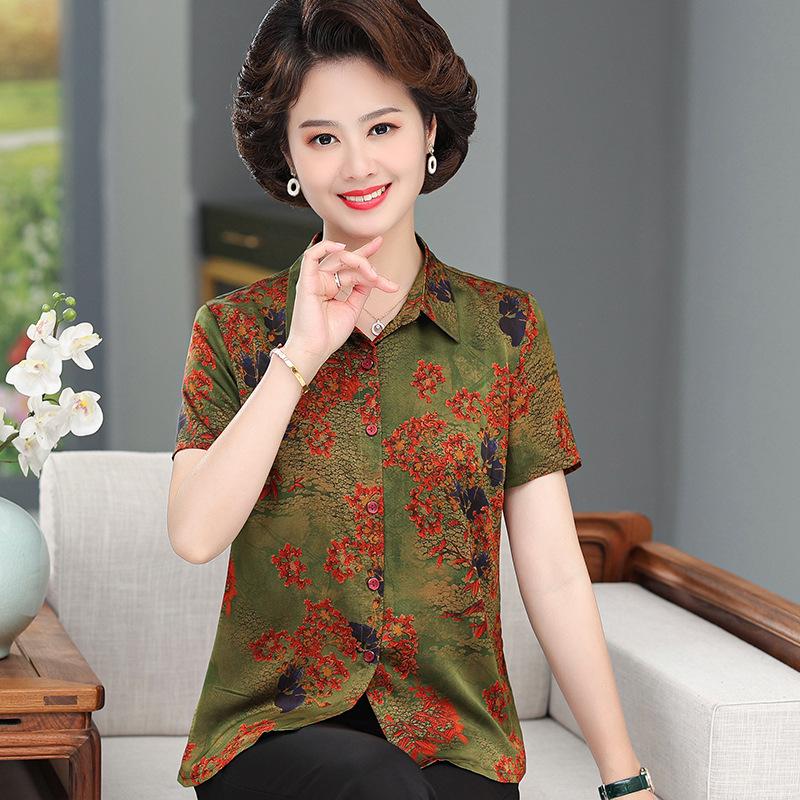 

Mom s Silk Printed Short-Sleeve Top for Middle-Aged and Elderly Women - Loose Mulberry Silk T-Shirt 4XL (135-150 jin) зелёный