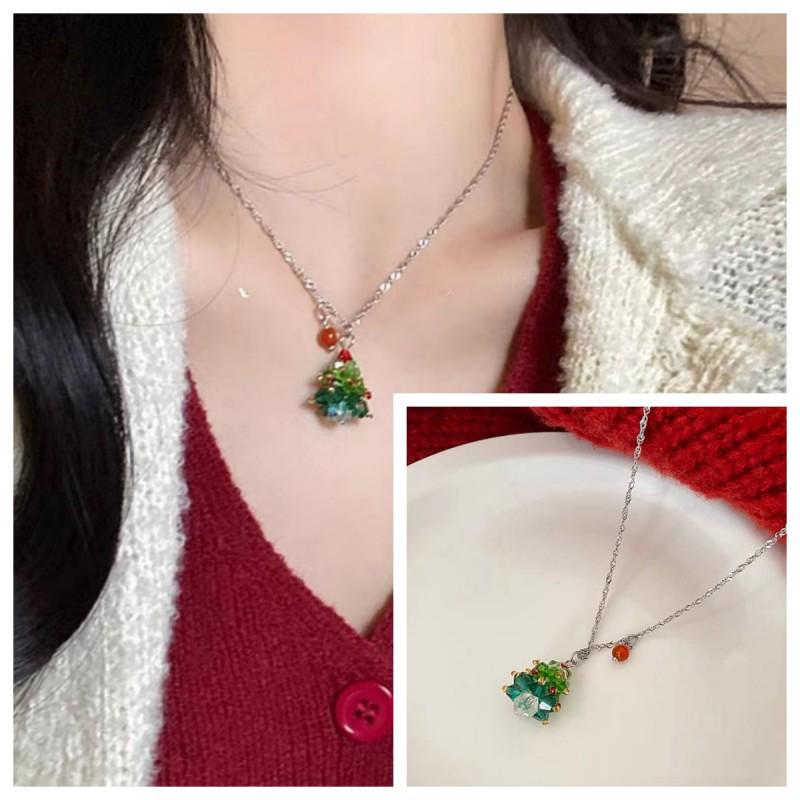 Mori Style Green Crystal Christmas Tree Necklace & Earrings: Chic, Fresh & Sweet Girly Jewelry