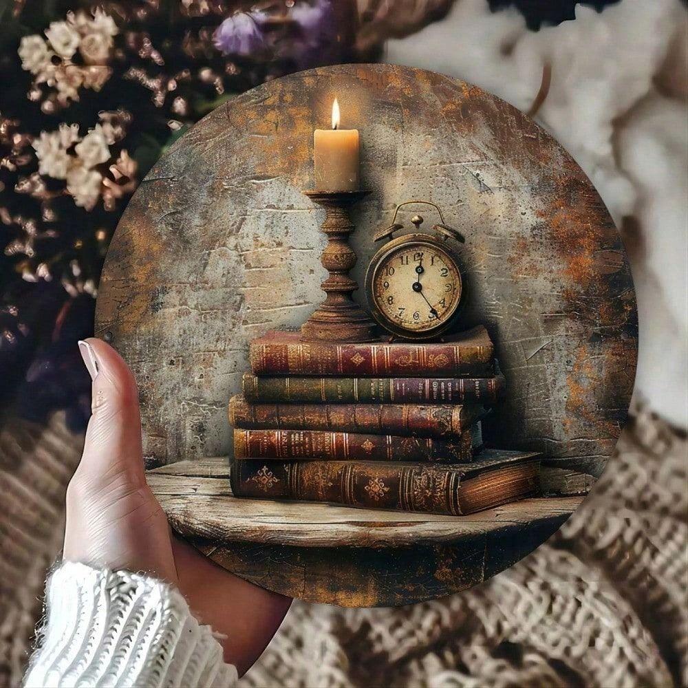 Retro Metal Wall Art Decor Vintage Book Candle Clock Tin Sign for Home