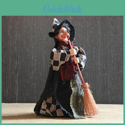 Halloween Witch Figurine With Broom Plush Decor For Spooky Room Atmosphere
