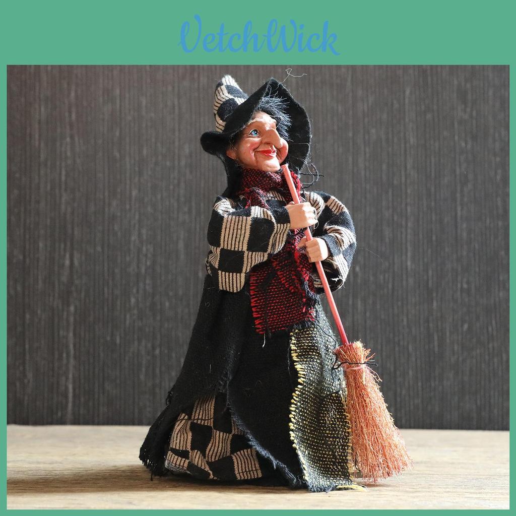 Halloween Witch Figurine With Broom Plush Decor For Spooky Room Atmosphere