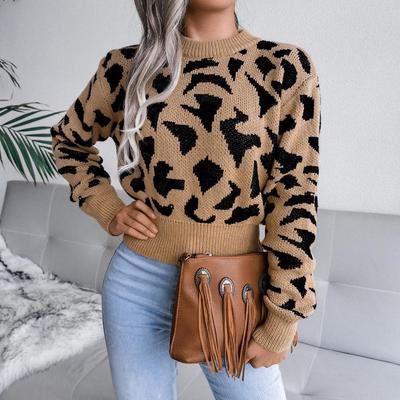 Women Autumn Winter Leopard Print Knitted Crop Sweater Long Sleeve O Neck Nipped Tops Sizes S To L