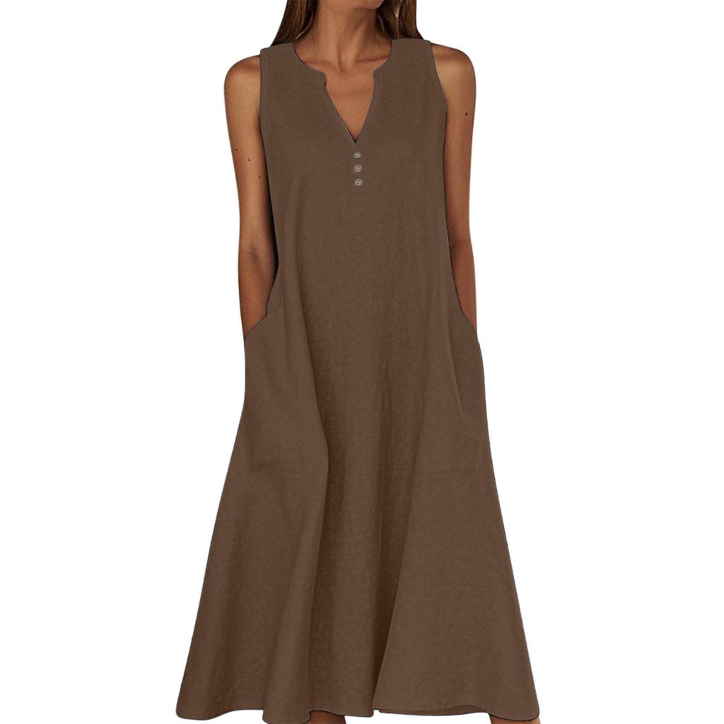 Women's Sleeveless V-Neck Button Front A-Line Dress with Side Pockets in Multiple Colors