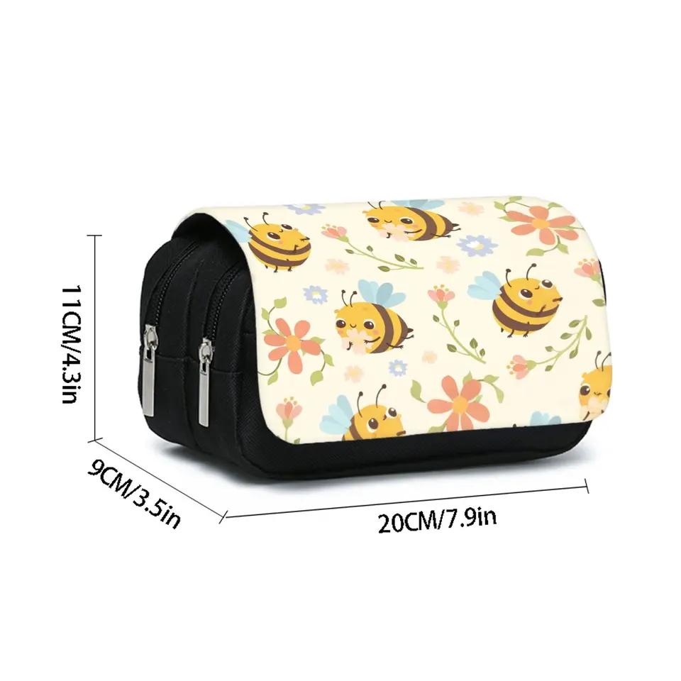 Süßes Bienen- & Blumenmuster Doppelklapp-Stiftetui Junge/Mädchen Bestes Geschenk 3D-Cartoon-Federmäppchen Für Schule, Büro, Kinder
