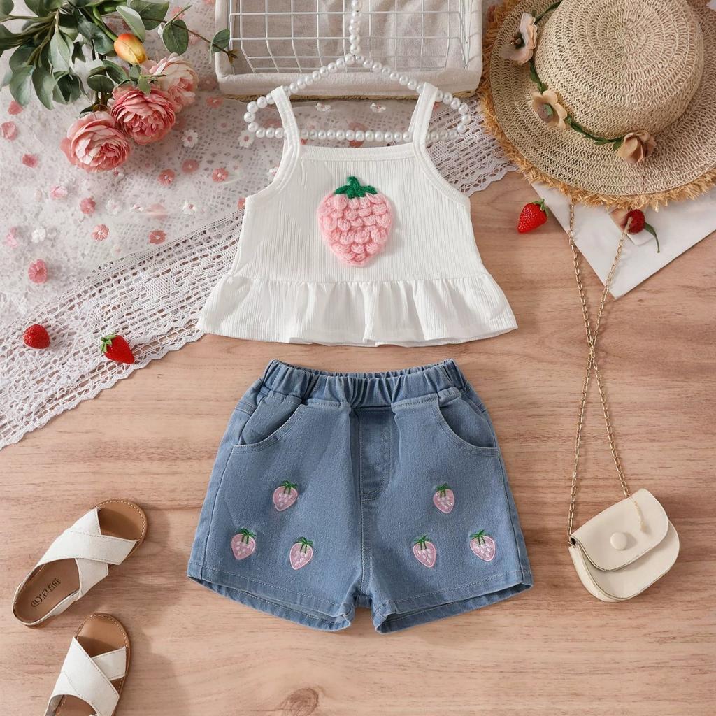 Girls' Strappy Top With 3D Strawberry Flowers & Embroidered Denim Shorts