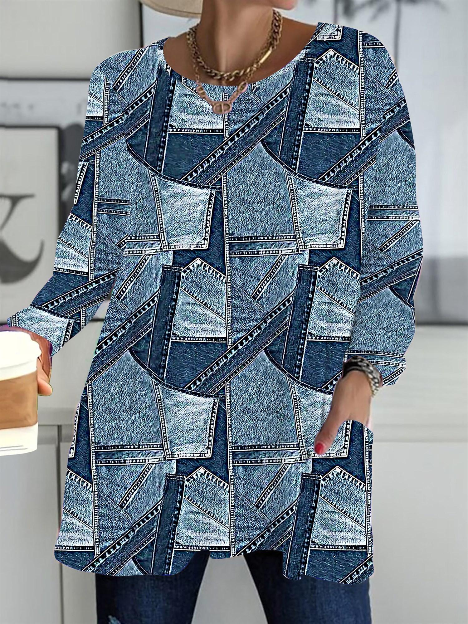 

Осень-Зима 2025 Новые Женские Топы Большого Размера, Модные Футболки с 3D-принтом в ковбойском стиле с круглым вырезом и длинным рукавом 1XL серый