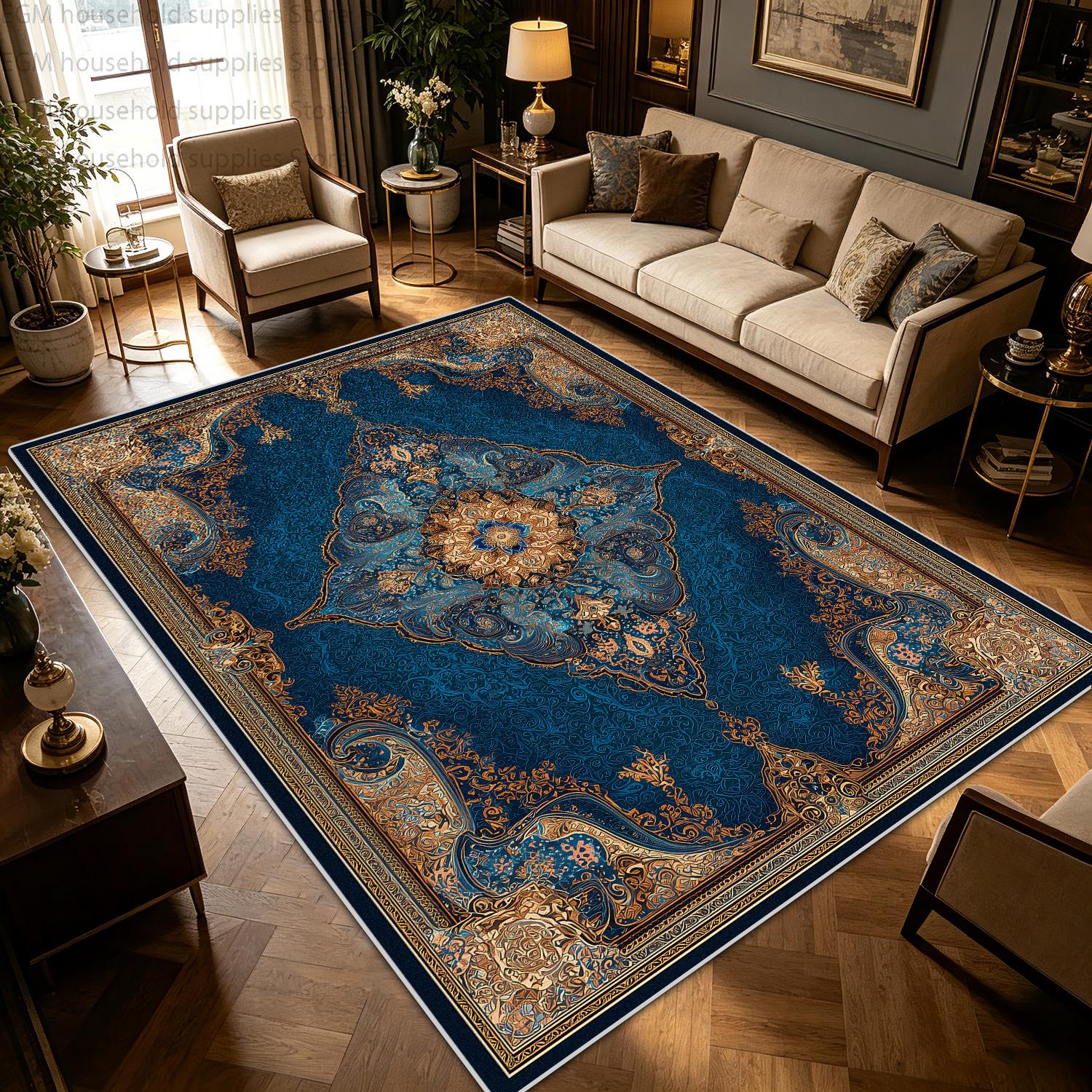 Retro Perzisch Blauw Gouden Tapijt Woonkamer Luxe Huisdecoratie Bank Salontafel Vloerkleed Pluizig Antislip Wasbaar Slaapkamer Vloermatten 1.9x2.9ft(60x90cm)
