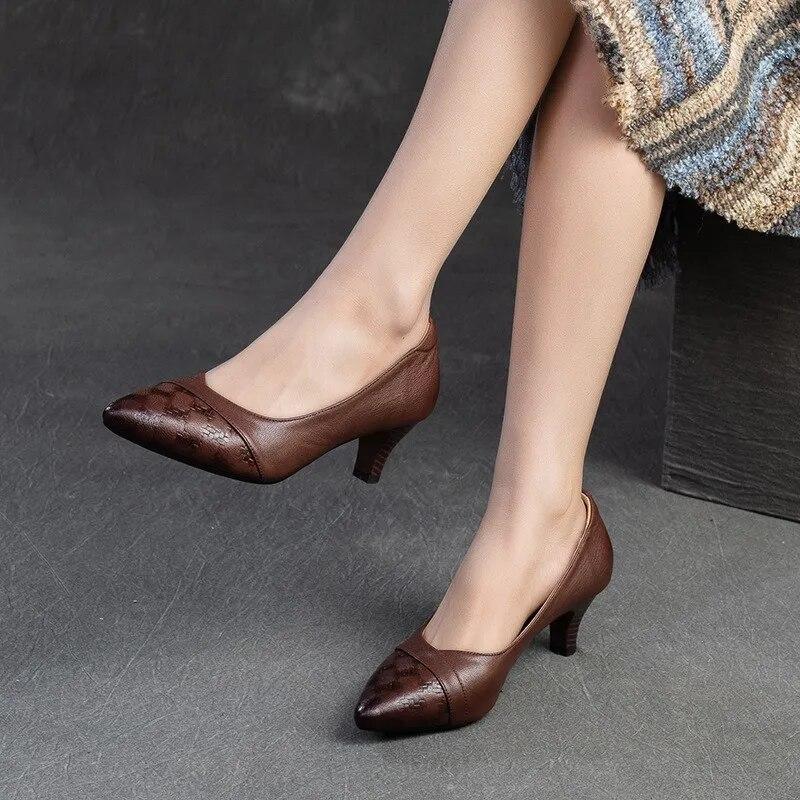 Johnature Pantofi cu toc cu varf ascutit Pantofi de dama de moda din piele naturala