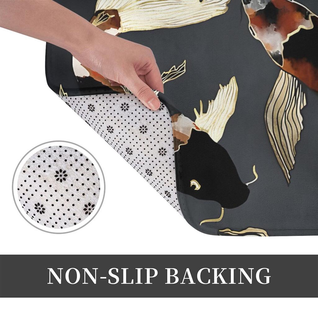 1pc Metallic Koi Fish Bath Mat - Lightweight Machine-Washable Polyester Blend, Non-Slip Rubber Backing, Elegant Black Background