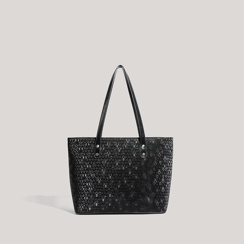 New high-quality textured black shoulder bag, peacock feather pattern, large-capacity commuting