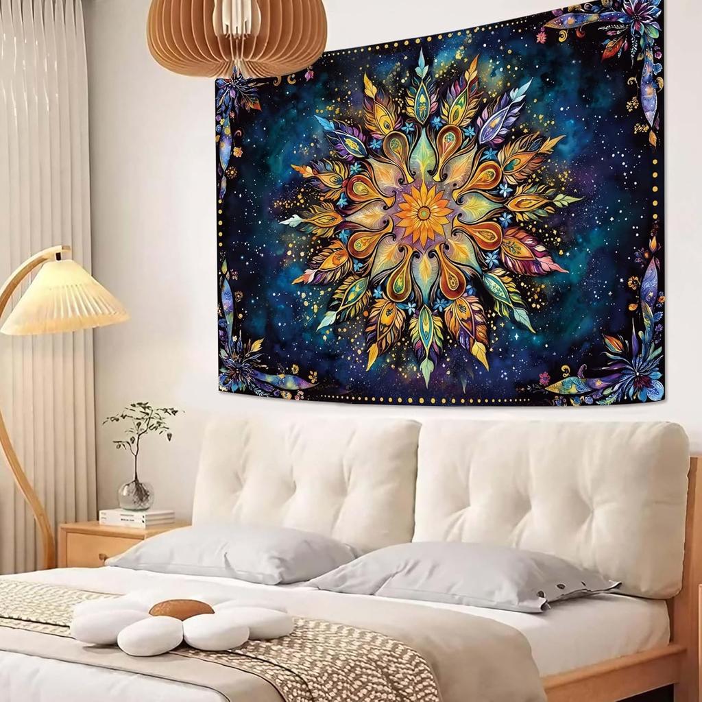 Bohemian Peacock Feather Mandala Tapestry, Colorful Floral Print with Starry Galaxy Background Large Wall Hanging for Bedroom