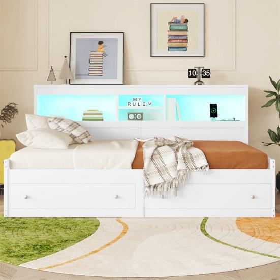 Double Bed High Durability Open Shelves Ambient Light Design Good Load Capacity Built-in Charger Heavy Duty Bedroom Sofa Bed with Drawers for
