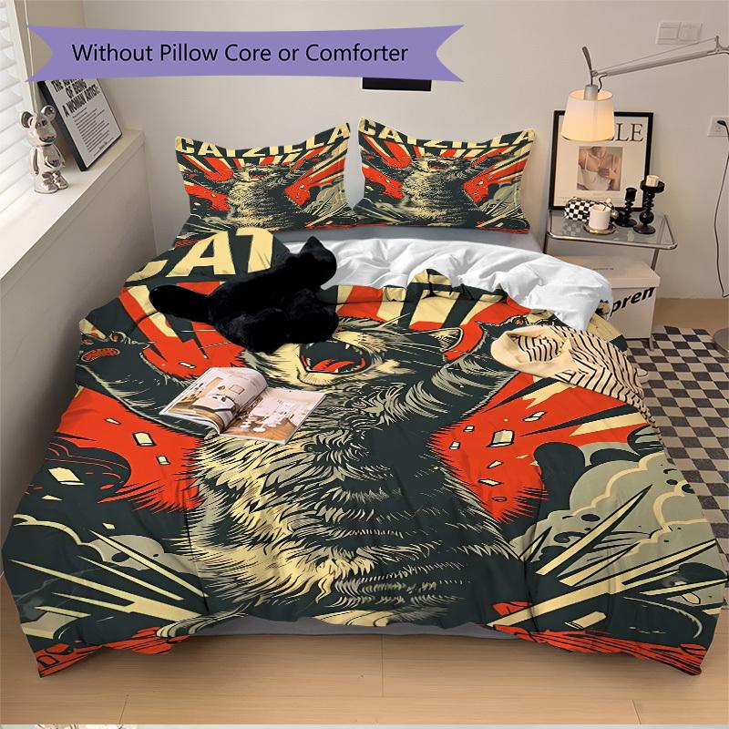 

3PCs Catzilla, Monster Cat Design Cover Set, Breathable Fabric, Machine Washable (1 Duvet Cover + 2 Pillowcases) (Without Quilt) yy250911166 135x200cm