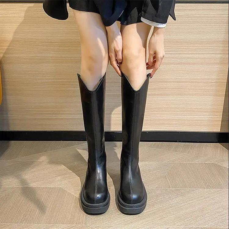 20 autumn and winter new versatile but knee-thin knight boots long boots flat-bottomed round head zipper flat-bottomed high boots women