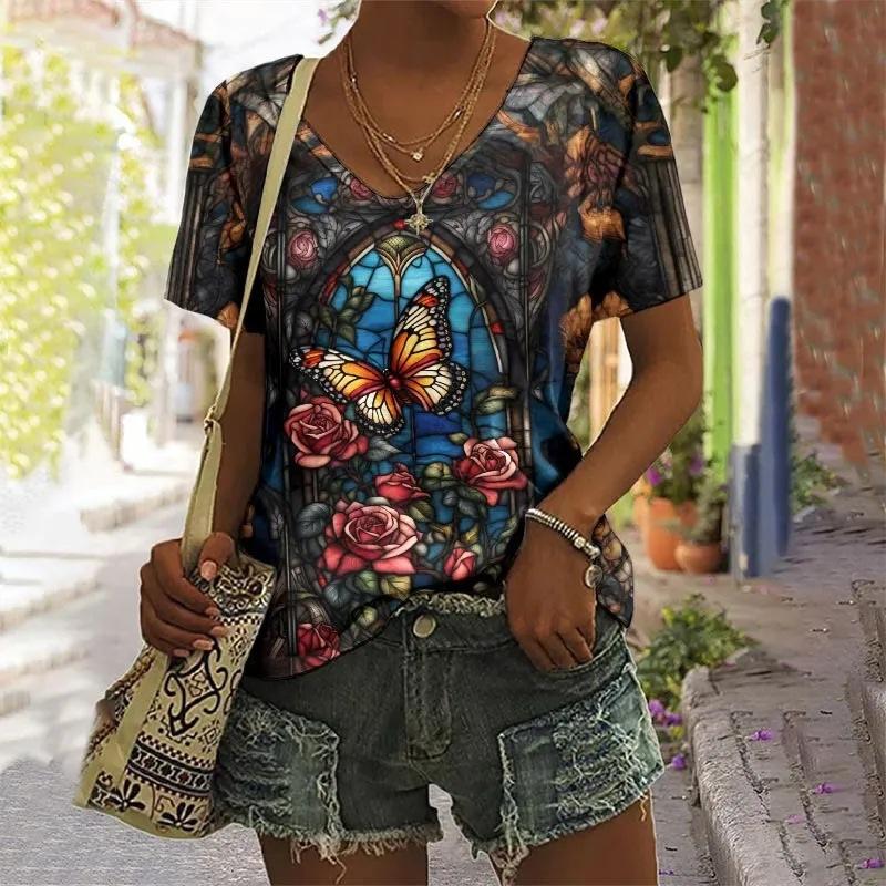 Summer V-neck 3D Flower Butterfly Printed Top Fashionable Casual Short Sleeved Women's T-shirts