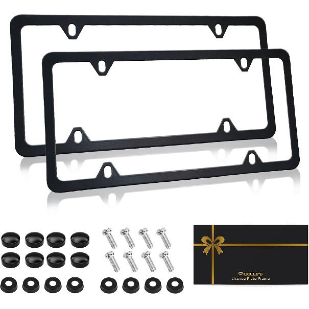 OKLPF Black Matte License Plate Frames 2 Pack,License Plate Holder With 4 Holes, License Plate Cover, Come With Screw Cap, Screw,Washer