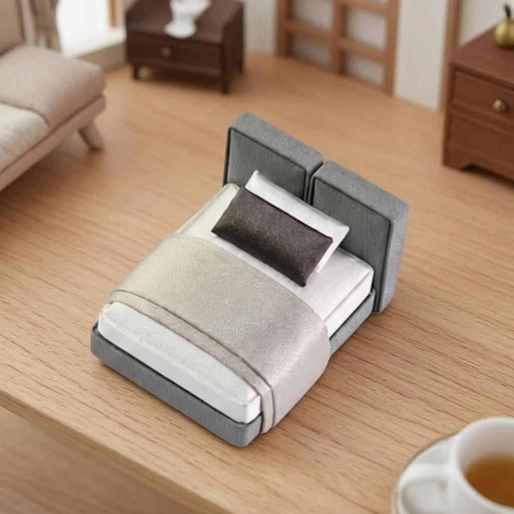 Miniature Double Bed Compact with Bedding Dollhouse Set