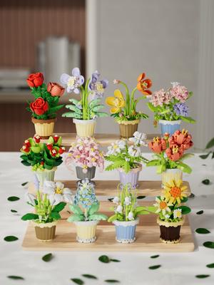 Play Video  Potted Building Blocks Simulate Succulent Flower Bouquets, Creative Puzzle Block Toys, Eternal Flowers, Home Decora