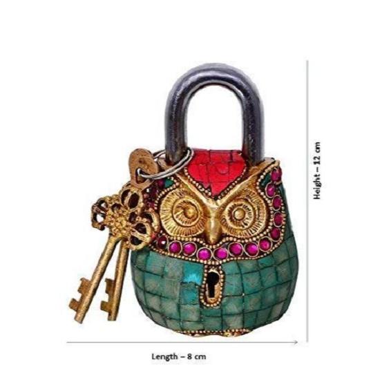 Owl Shaped Handmade Brass Antique Design Lock Padlock with Colorful Gemstone Work, Product Dimensions - 8 X 4.5 X 12Cm, 650Gm